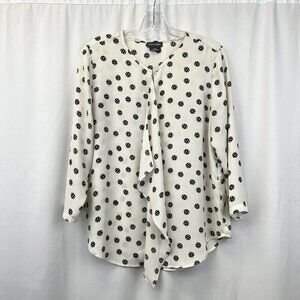 Van Heusen Key Hole 3/4 Sleeve Ruffle Blouse Ivory/Black Dotted Womens Medium